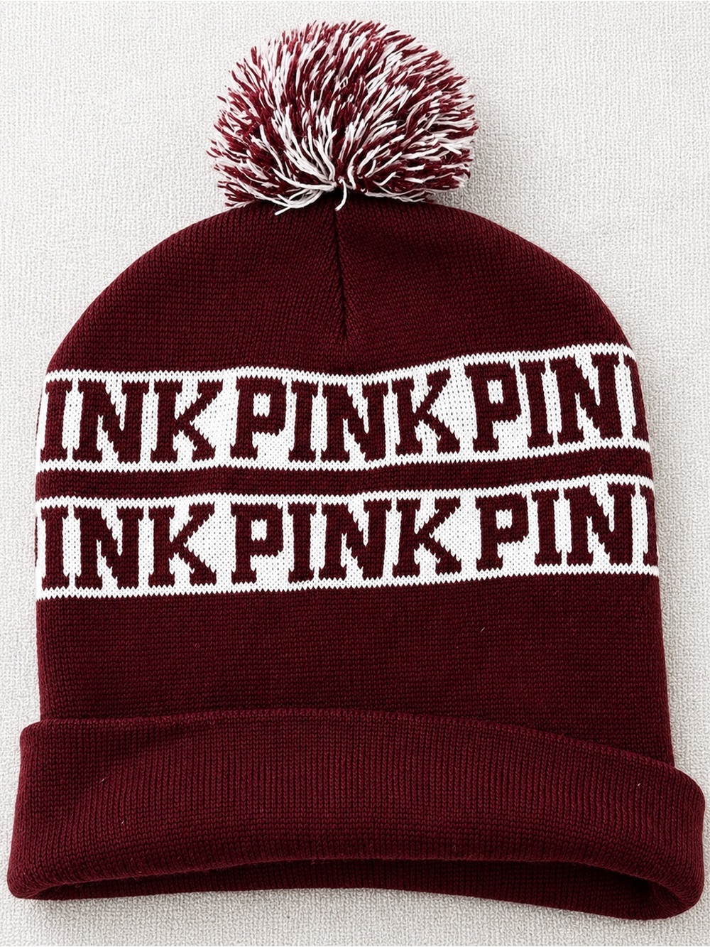 PINK Victoria's Secret Maroon and White Pom-Pom Beanie with Logo